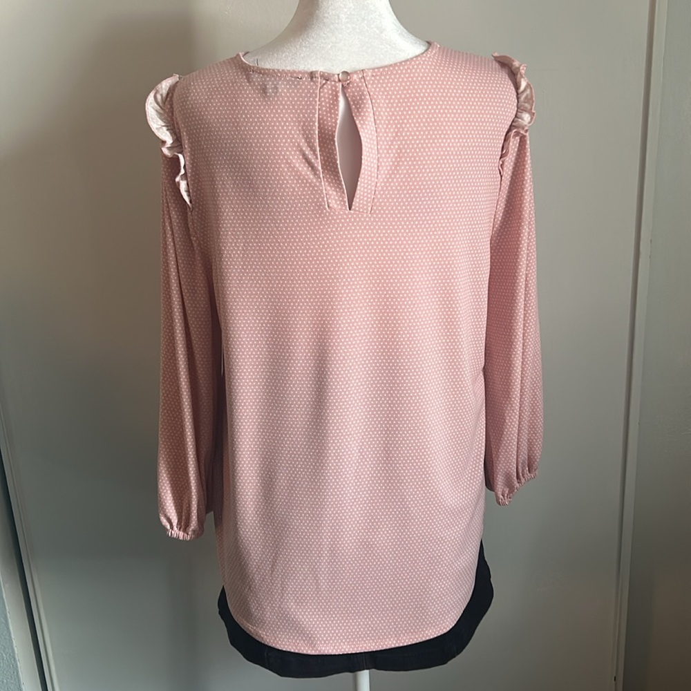 Adrianna Papell Feminine Long Sleeve Polka Dot Ruffled Shoulder Crewneck Blouse - Picture 4 of 7